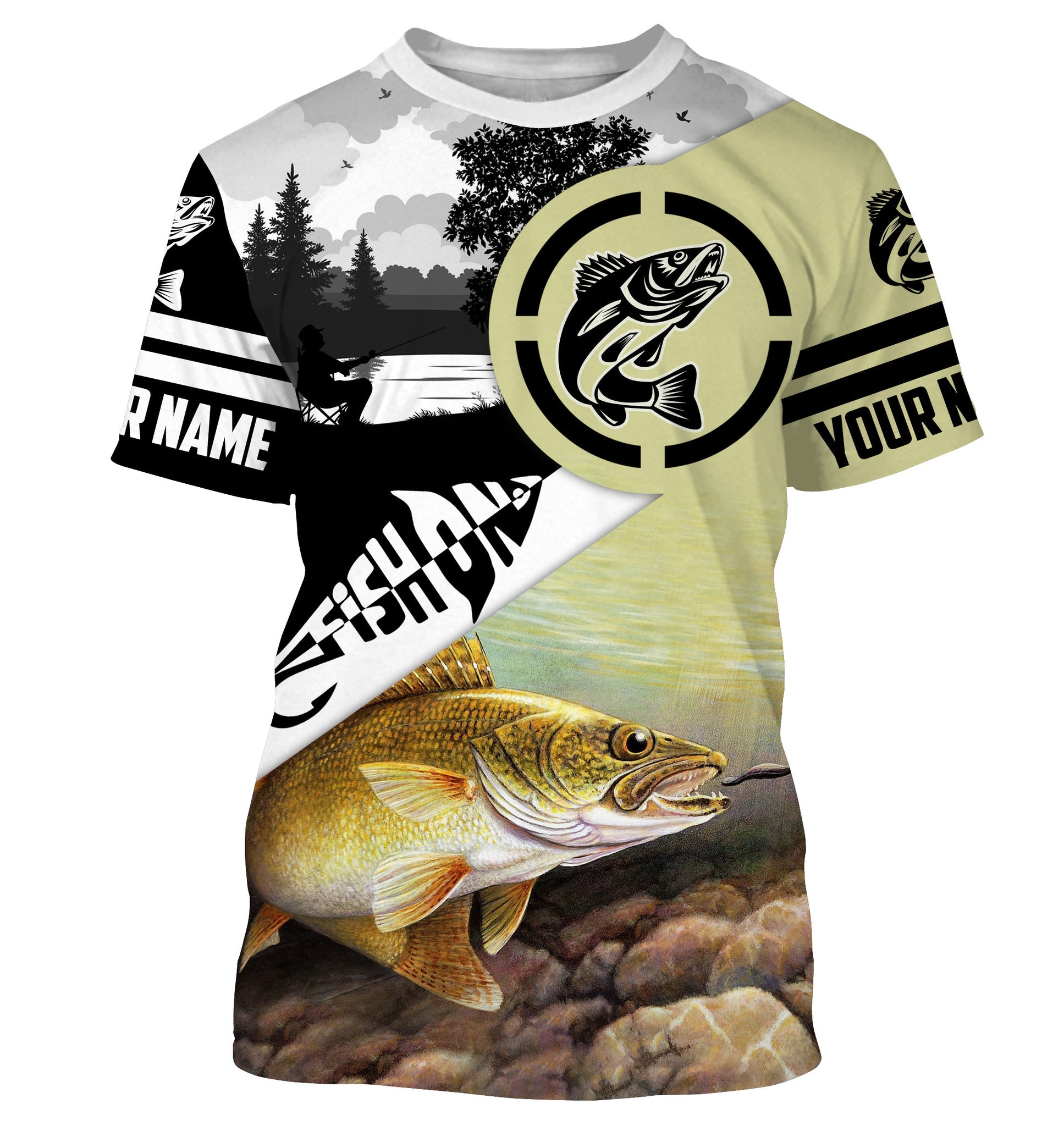 Walleye Fishing Fish On performance fishing shirt UV protection customize name long sleeves Cornbee