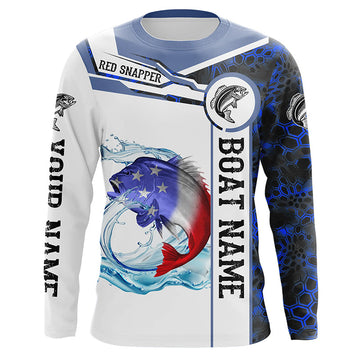 Red snapper Fishing blue camo American Flag Custom name and boat name Long Sleeve Fishing Shirts Cornbee