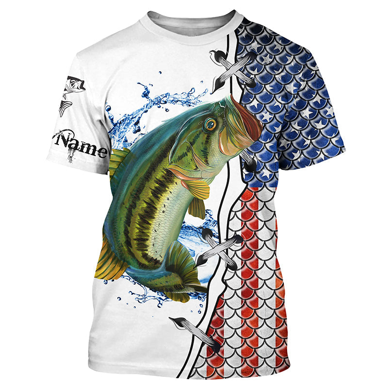 American flag Largemouth bass patriotic Fishing Customize name performance fishing T-shirt Cornbee