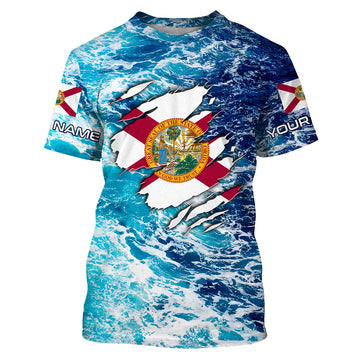 Blue sea wave ocean camo Florida flag Custom name performance fishing jerseys Cornbee