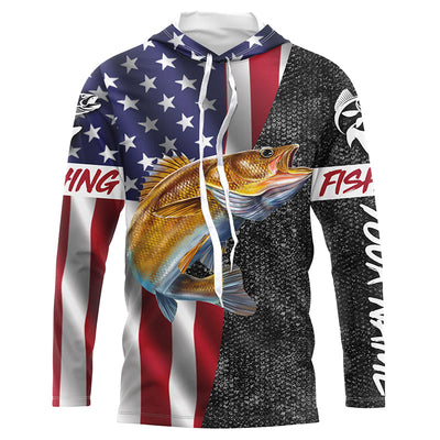 Personalized Walleye Fishing Jerseys, Custom American flag Walleye Long sleeve, Long Sleeve Hooded Cornbee