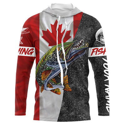 Personalized Northern pike Fishing Jerseys, Custom Canadian flag Pike Long sleeve, Long Sleeve Hooded Cornbee