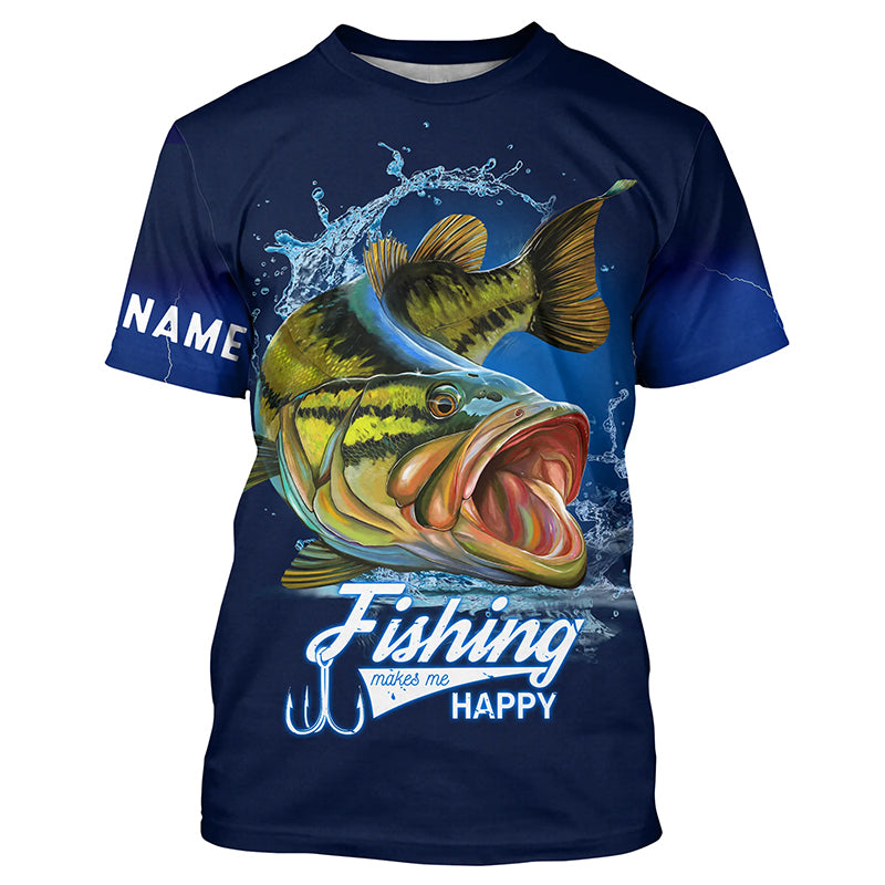 Fishing Makes Me Happy Bass Fishing apparel Customize Name All-over Print Unisex fishing T-shirt Cornbee