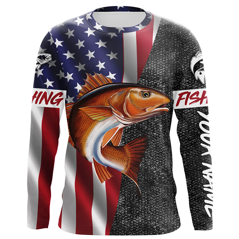 American Flag patriotic redfish Fishing Jerseys, Personalized red drum fishing Long sleeve shirts Cornbee