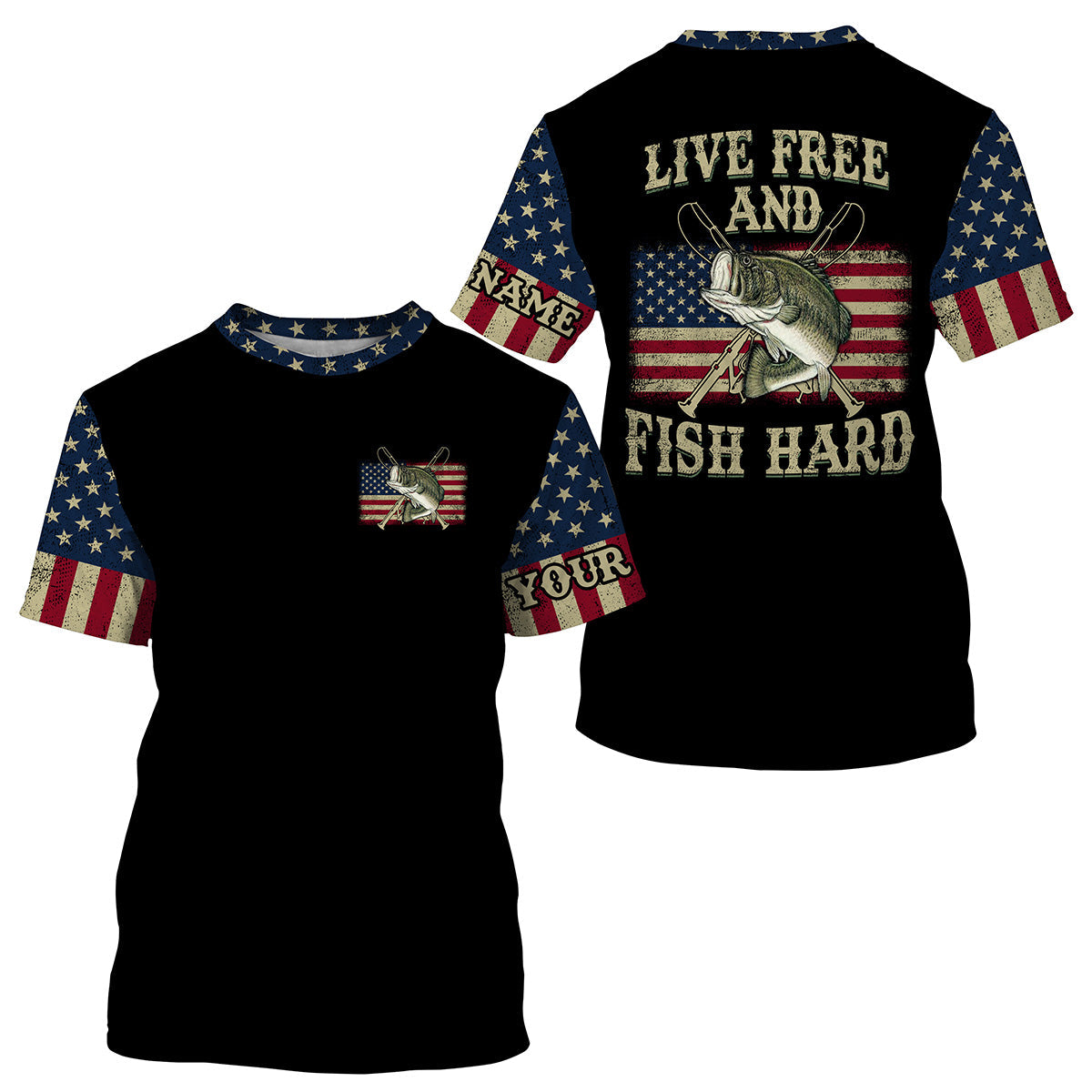 "Live Free and Fish Hard" American Flag Bass fishing Customize Name All-over Print Unisex fishing T-shirt Cornbee