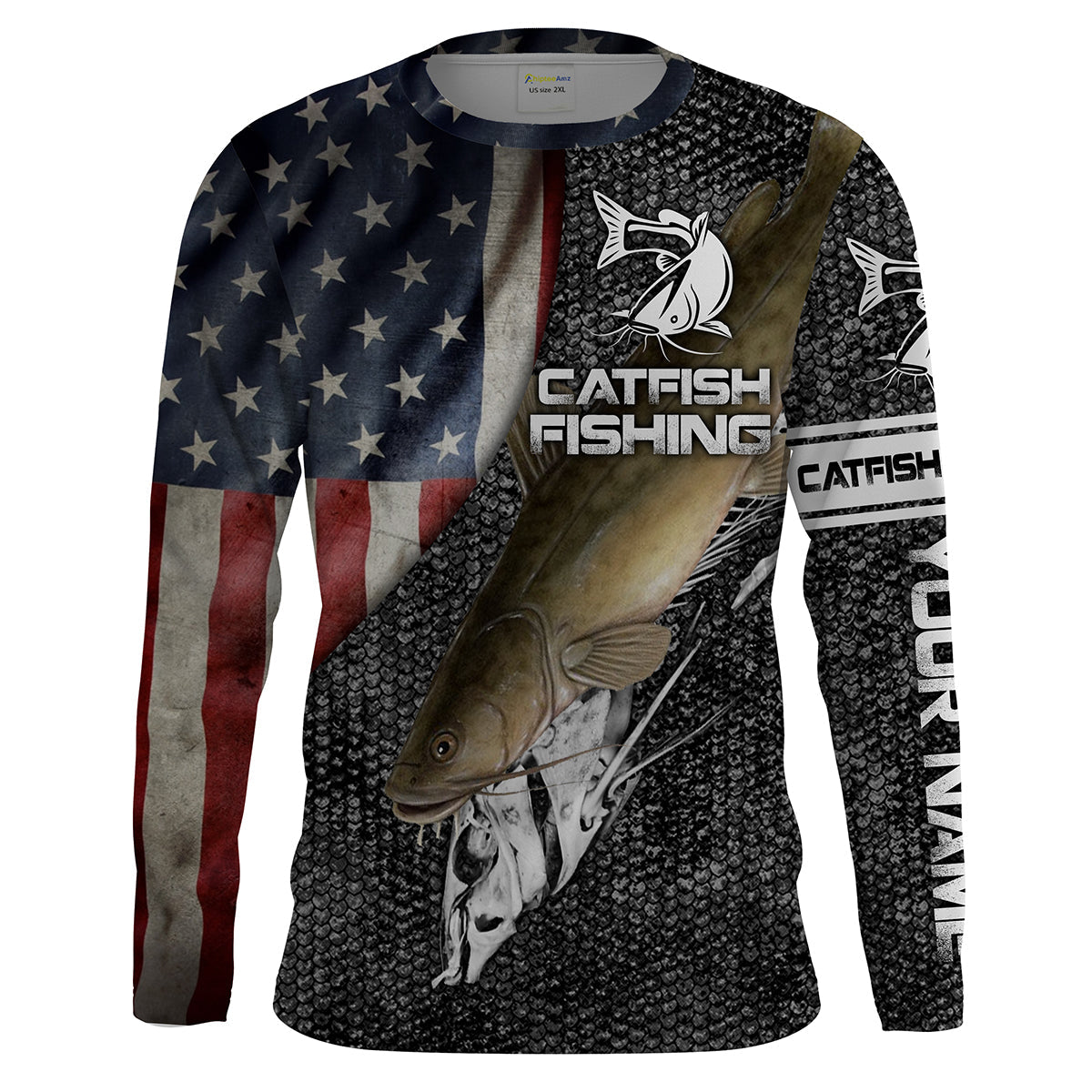 Flathead catfish fishing american flag patriotic fishing shirts for men Performance UV protection quick dry Customize name Cornbee