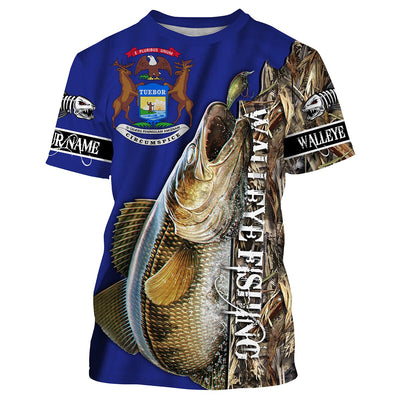 Walleye fishing Michigan Flag Customized name 3D All Over print shirts personalized fishing apparel Cornbee