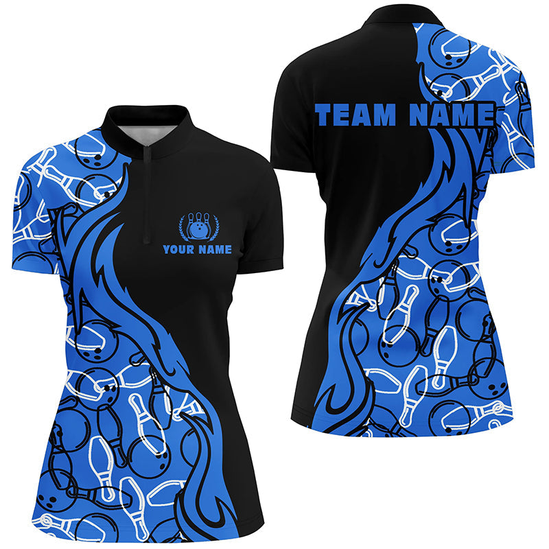 Personalized Black Blue Pattern Bowling  Name All Over Printed Shirt For Women Cornbee