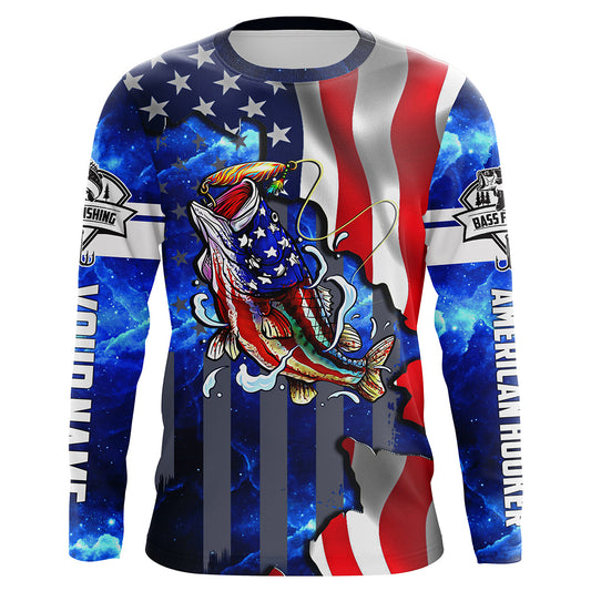 Bass Fishing American Flag patriotic UV protection Custom name long sleeves shirt Cornbee