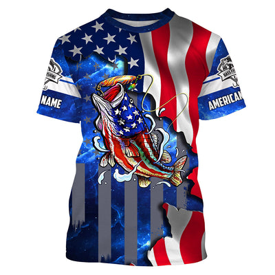 Bass Fishing American Flag patriotic UV protection Custom name long sleeves shirt Cornbee