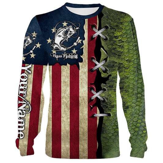 Bass Fishing American Flag patriotic Custome Name 3D All Over Printed Shirts, Personalized Fishing gift Cornbee