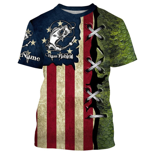 Bass Fishing American Flag patriotic Custome Name 3D All Over Printed Shirts, Personalized Fishing gift Cornbee
