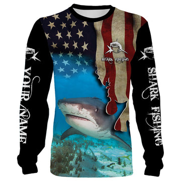 Shark Fishing 3D American Flag Patriotic Customize name All over print shirts Cornbee
