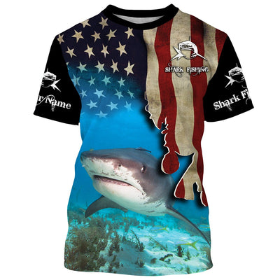 Shark Fishing 3D American Flag Patriotic Customize name All over print shirts Cornbee
