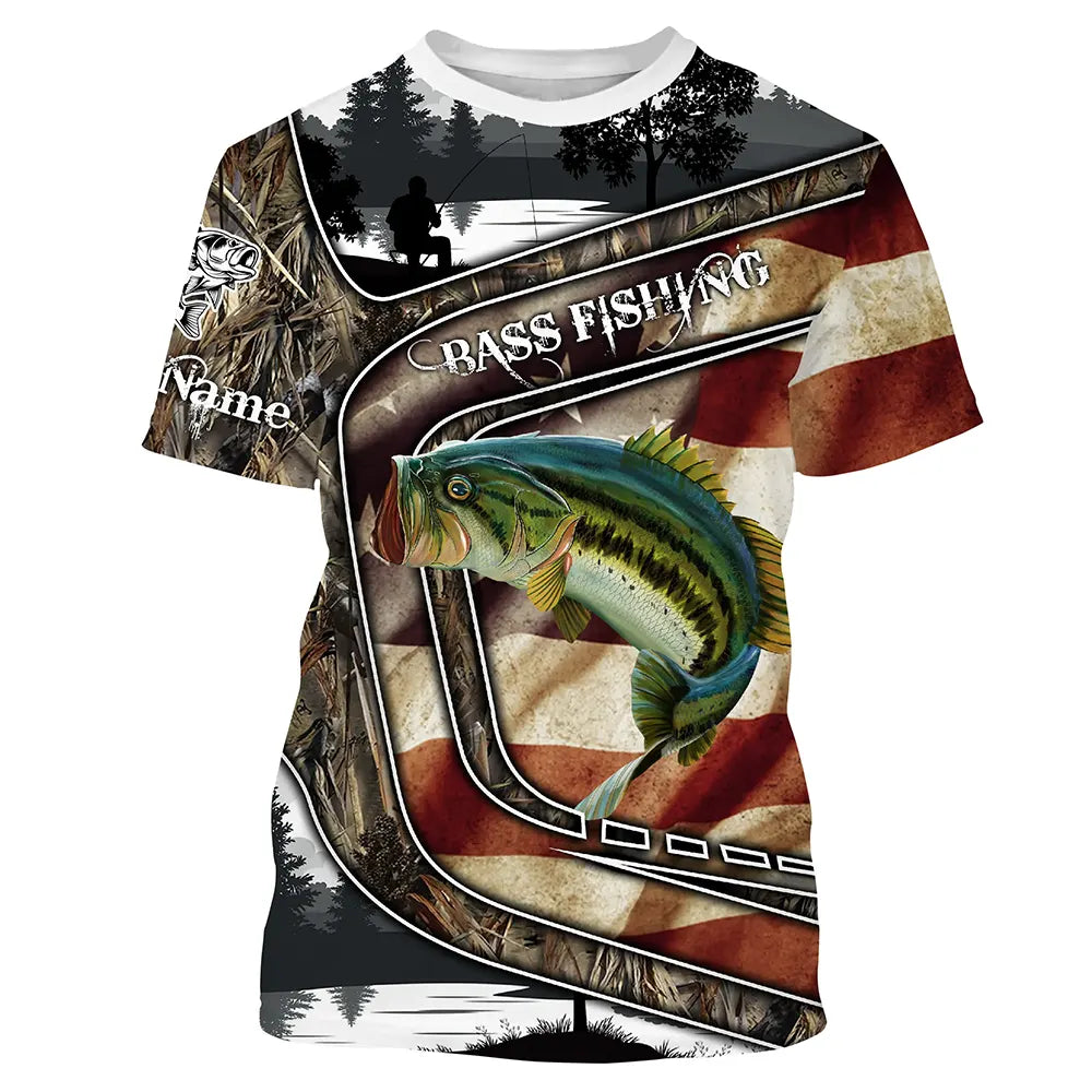 Custom American Flag patriotic Bass Fishing Jerseys, Personalized camo Bass fishing T-shirt Cornbee