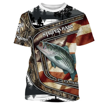 Custom American Flag patriotic Striped Bass Fishing Jerseys, Personalized camo striper fishing T-shirt Cornbee