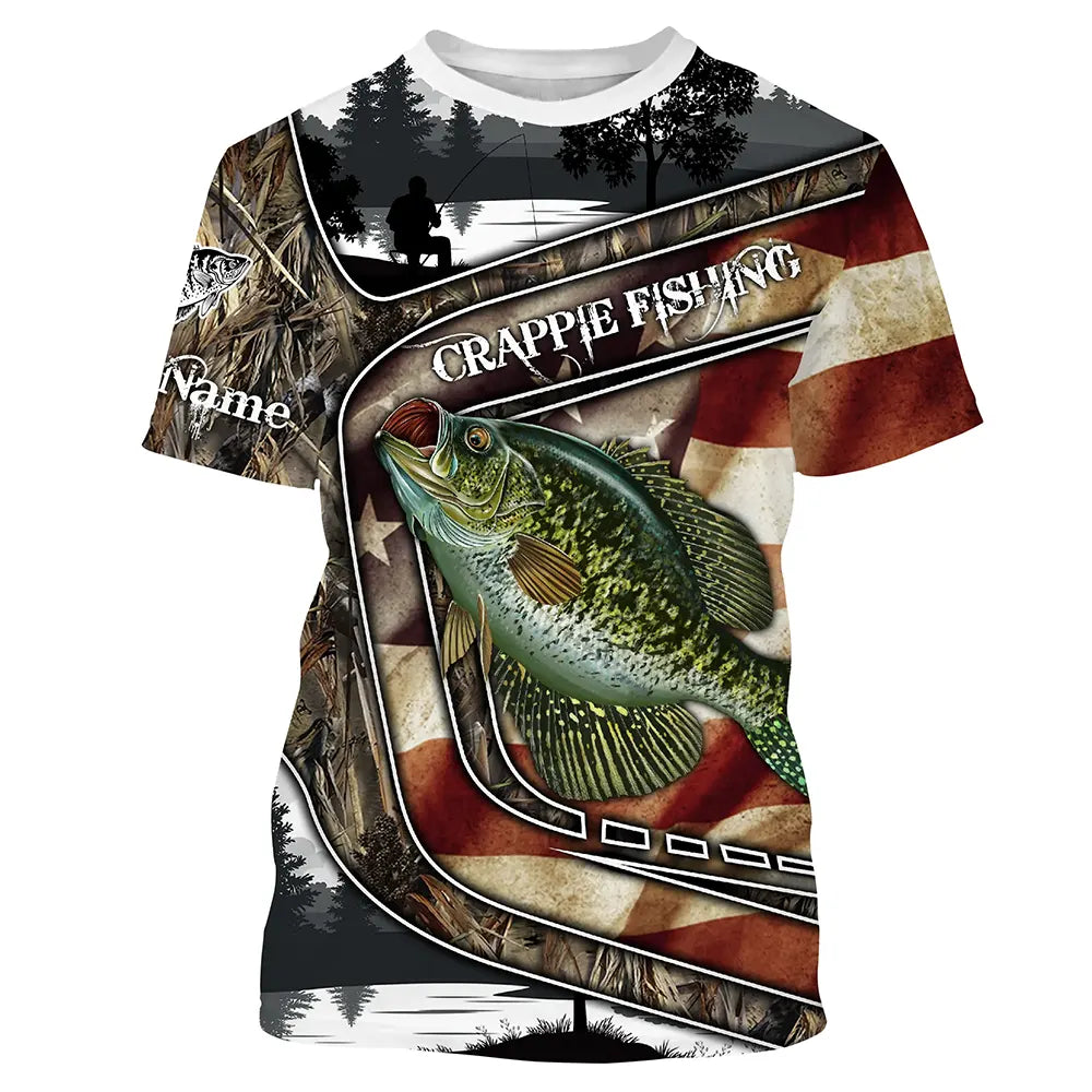 Custom American Flag patriotic Crappie Fishing Jerseys, Personalized camo Crappie fishing T-shirt Cornbee
