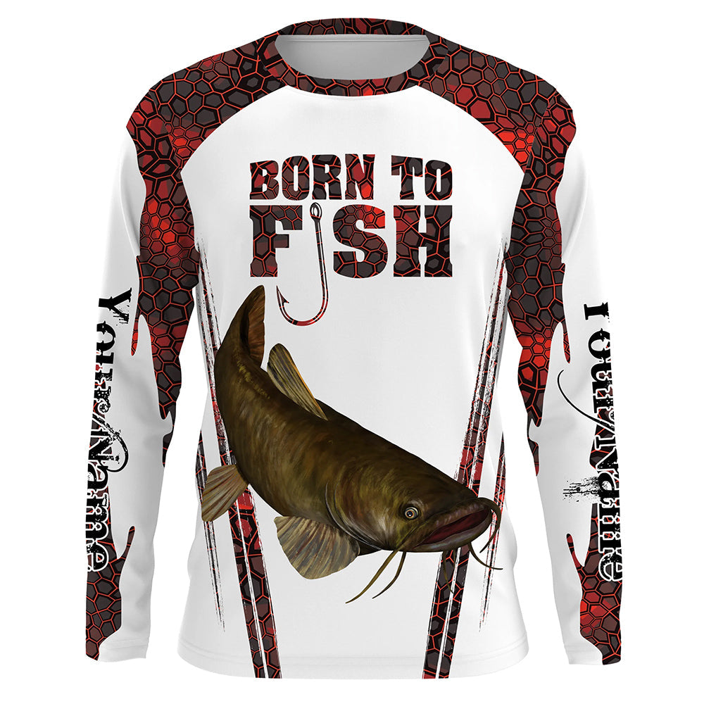 "Born To Fish" Catfish fishing red camo Custom Name UV Protection long sleeve Fishing Shirts Cornbee