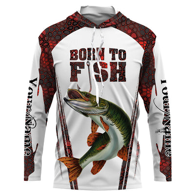 "Born To Fish" Musky fishing red camo Custom Name UV Protection long sleeve Fishing Shirts Cornbee