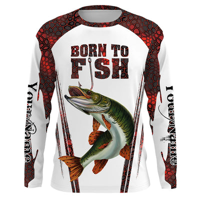 "Born To Fish" Musky fishing red camo Custom Name UV Protection long sleeve Fishing Shirts Cornbee
