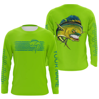 Lime green Mahi mahi fishing Custom performance long sleeve fishing shirts Cornbee