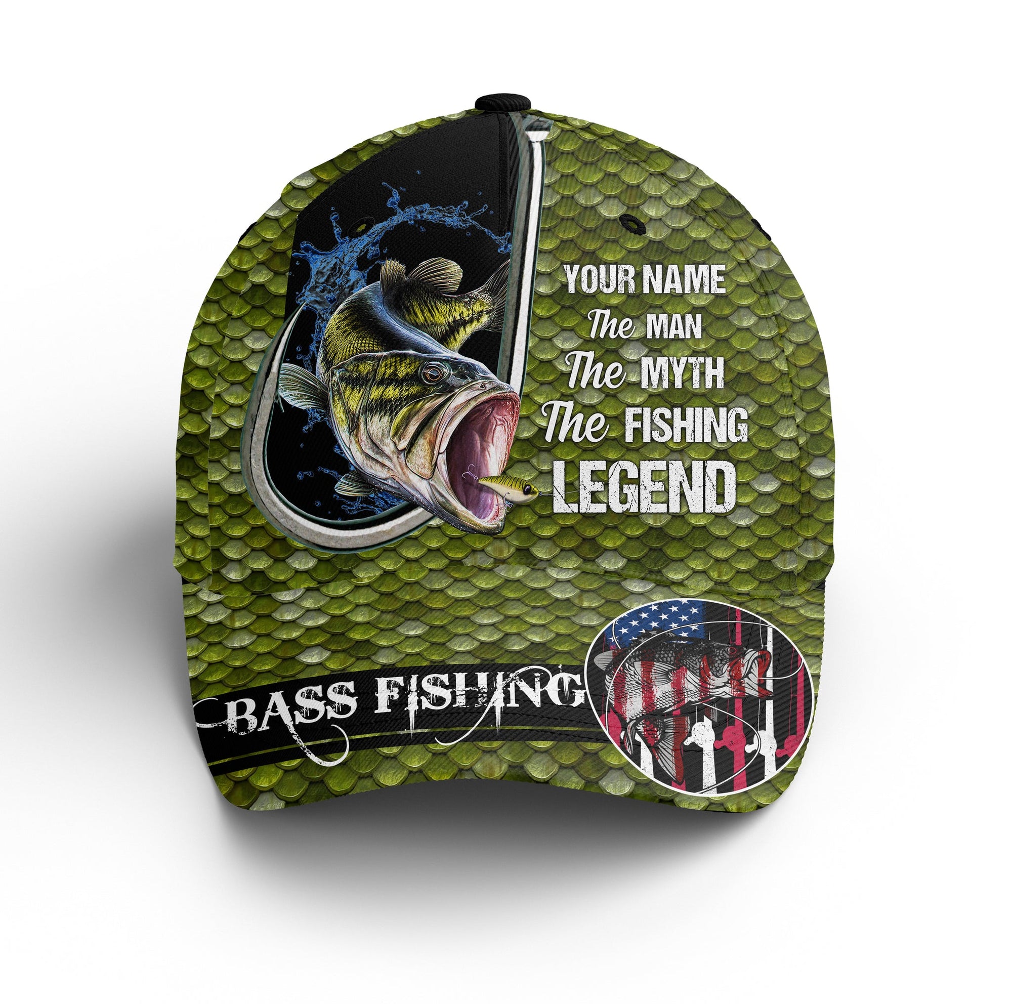 Bass Fishing the man the myth the legend US flag Custom fishing hat Unisex Fishing Baseball Angler hat Cornbee