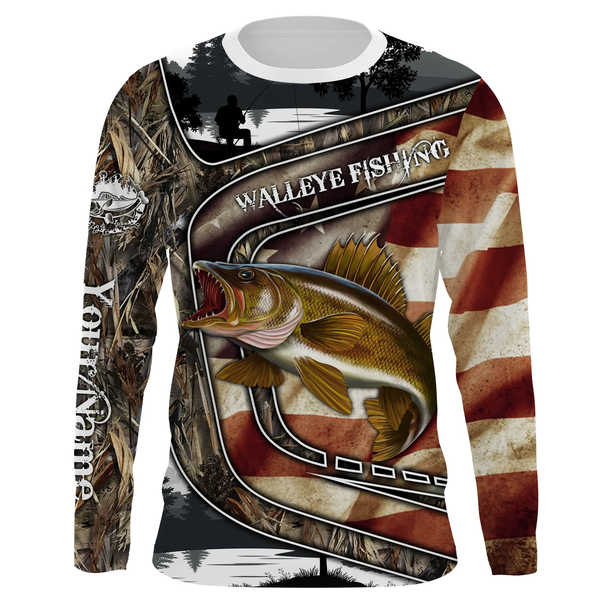 Walleye Fishing camo American flag patriotic Customize name long sleeves fishing shirts Cornbee