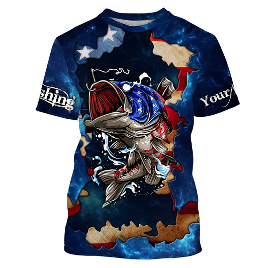Bass Fishing American Flag patriotic Customize Name All-over Print Unisex fishing T-shirt  Cornbee