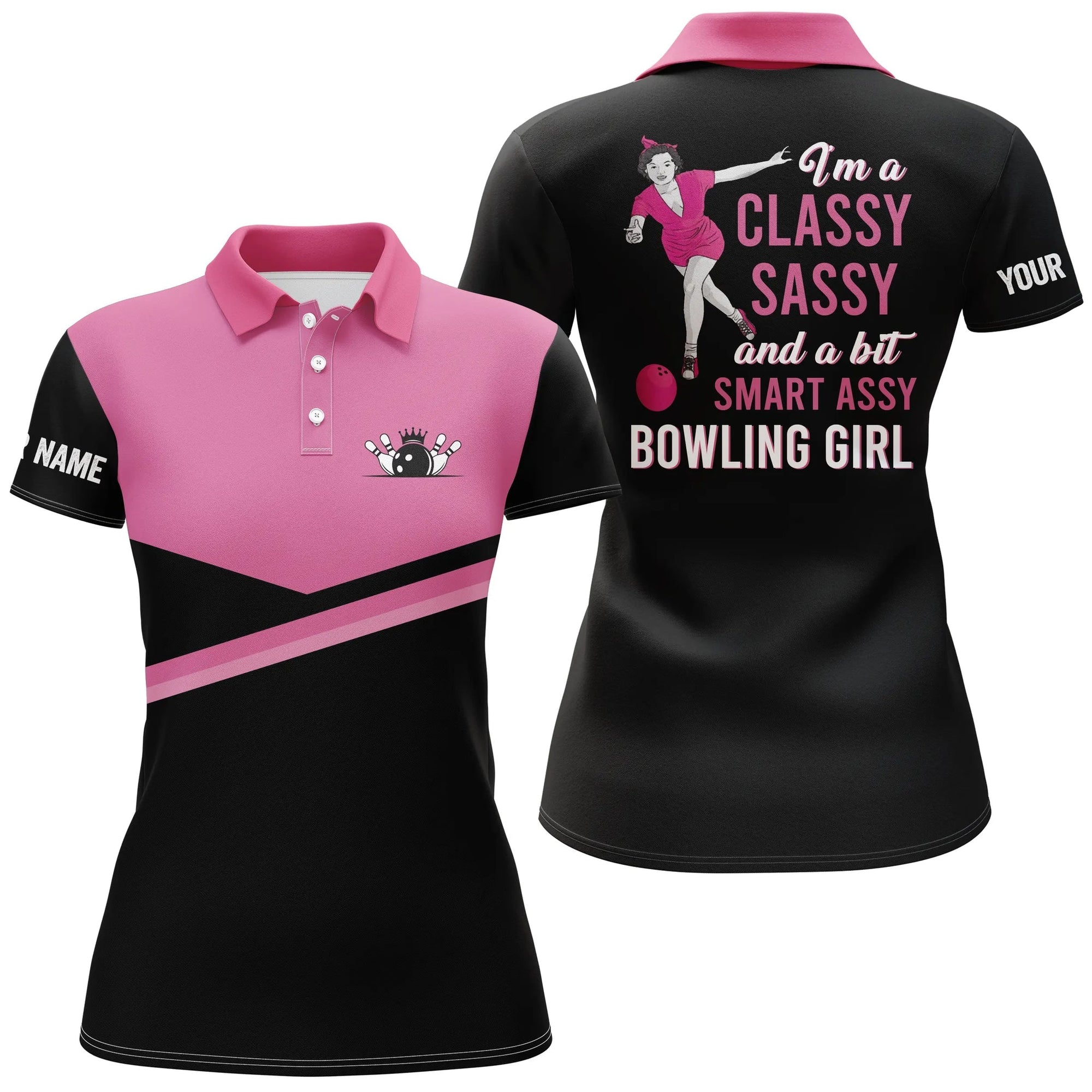 Personalized Black Pink I'm a classy sassy and a bit smart assy bowling girl  Name All Over Printed Shirt For Women Cornbee