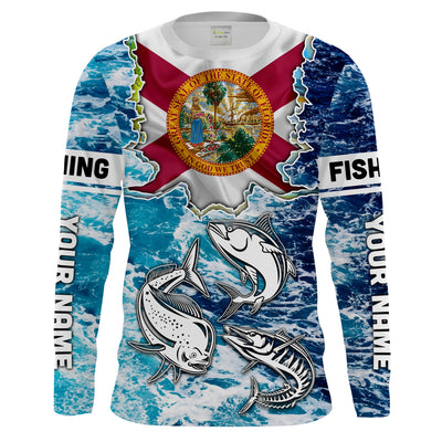 Florida Flag Mahimahi, wahoo, Tuna blue camo performance fishing shirt UV protection customize name long sleeves UPF 30+ Cornbee