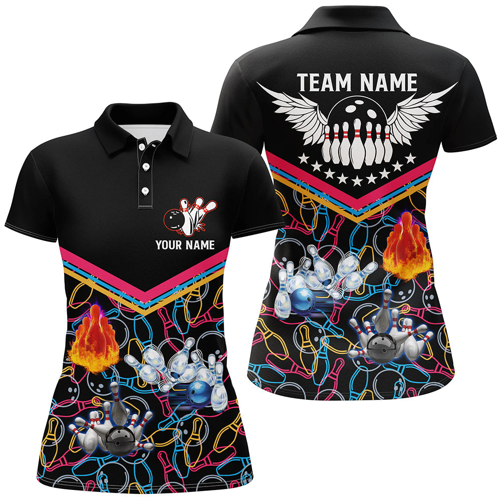 Personalized Multicolor Pattern Black Bowling  Name All Over Printed Shirt For Women Cornbee
