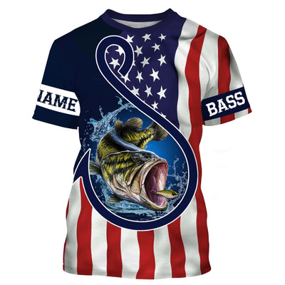 Largemouth Bass Fishing American Flag Patriotic Customize Name Fishing Shirts Cornbee