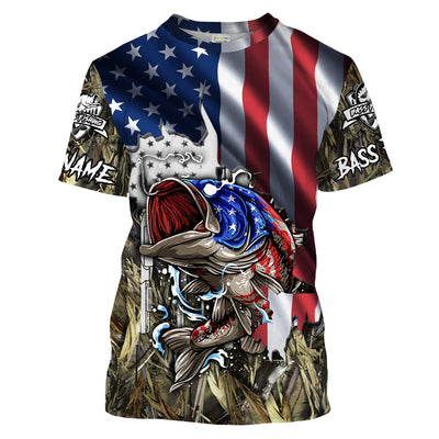 American flag patriotic Largemouth Bass camo fishing, custom mens long sleeve shirts Cornbee