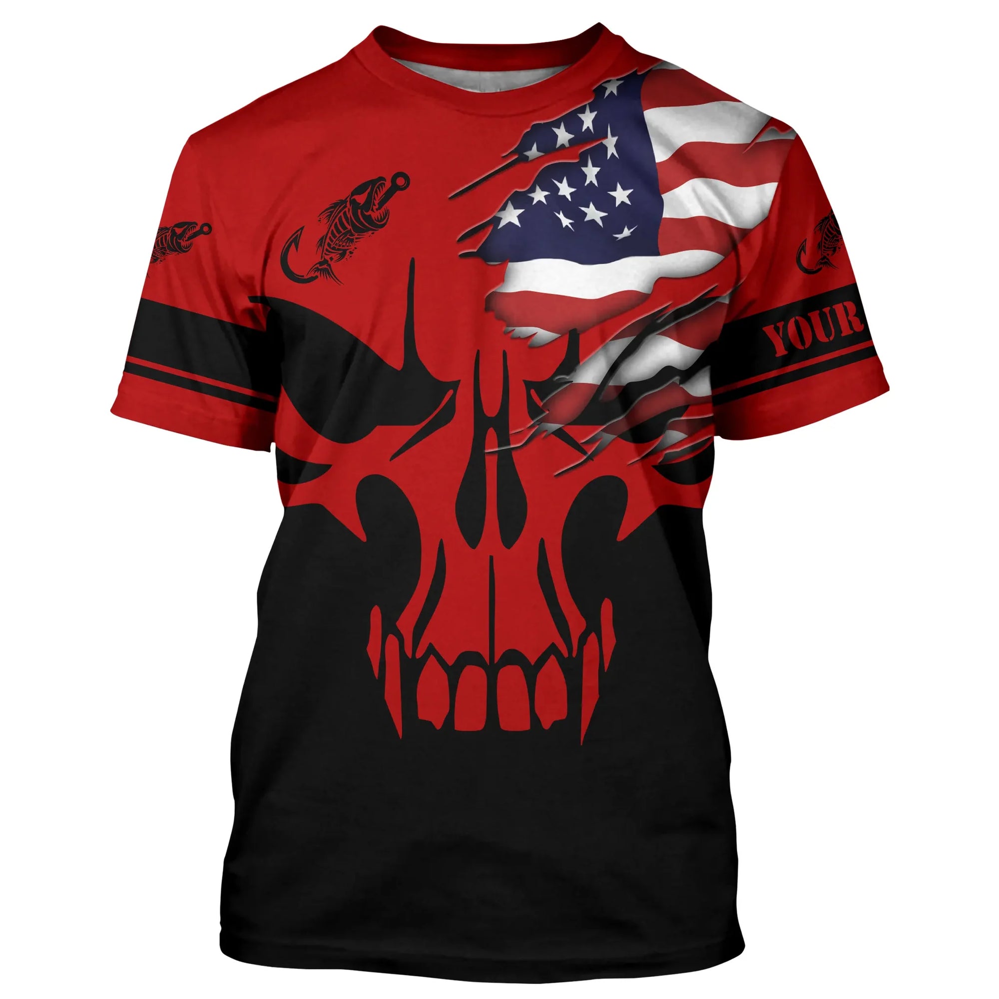 Custom American flag fishing fish reaper skull red and black Fishing Jerseys, fishing T-shirt Cornbee