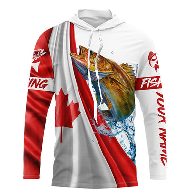 Canadian flag patriotic Walleye fishing Custom Name 3D long sleeve fishing shirts Cornbee
