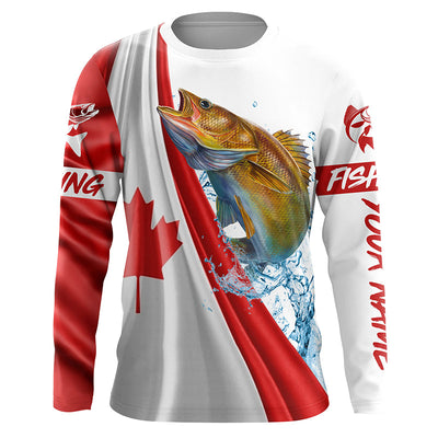 Canadian flag patriotic Walleye fishing Custom Name 3D long sleeve fishing shirts Cornbee