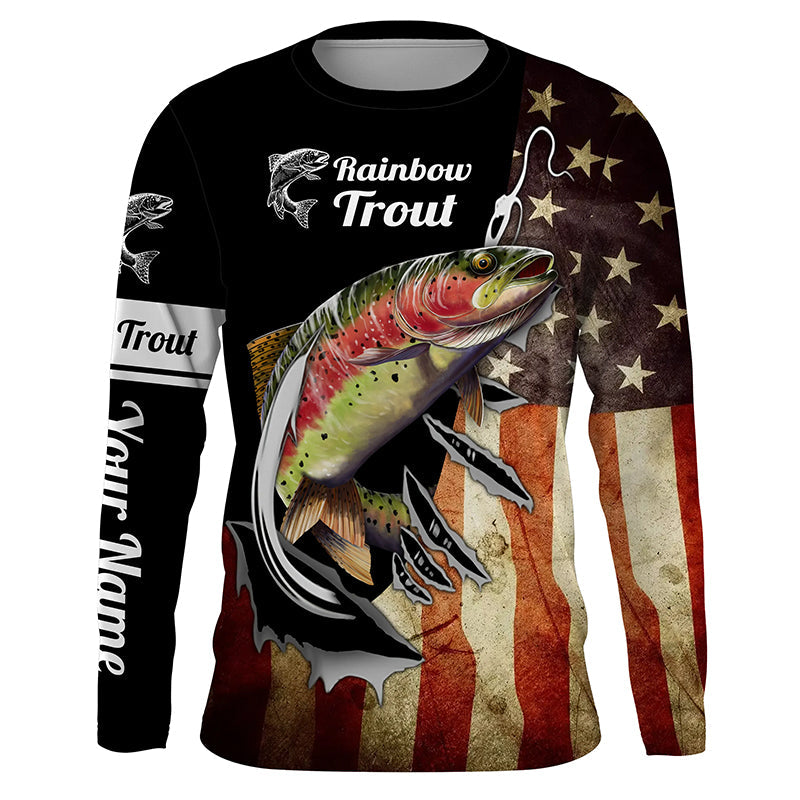 Rainbow trout fishing fish hook American flag patriot custom sun protection long sleeve Cornbee