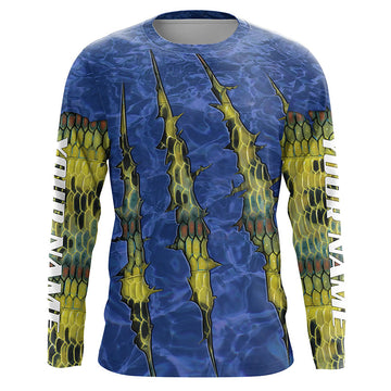 Largemouth Bass Fishing scales blue camo long sleeve Fishing Shirts, Personalized bass fishing Cornbee