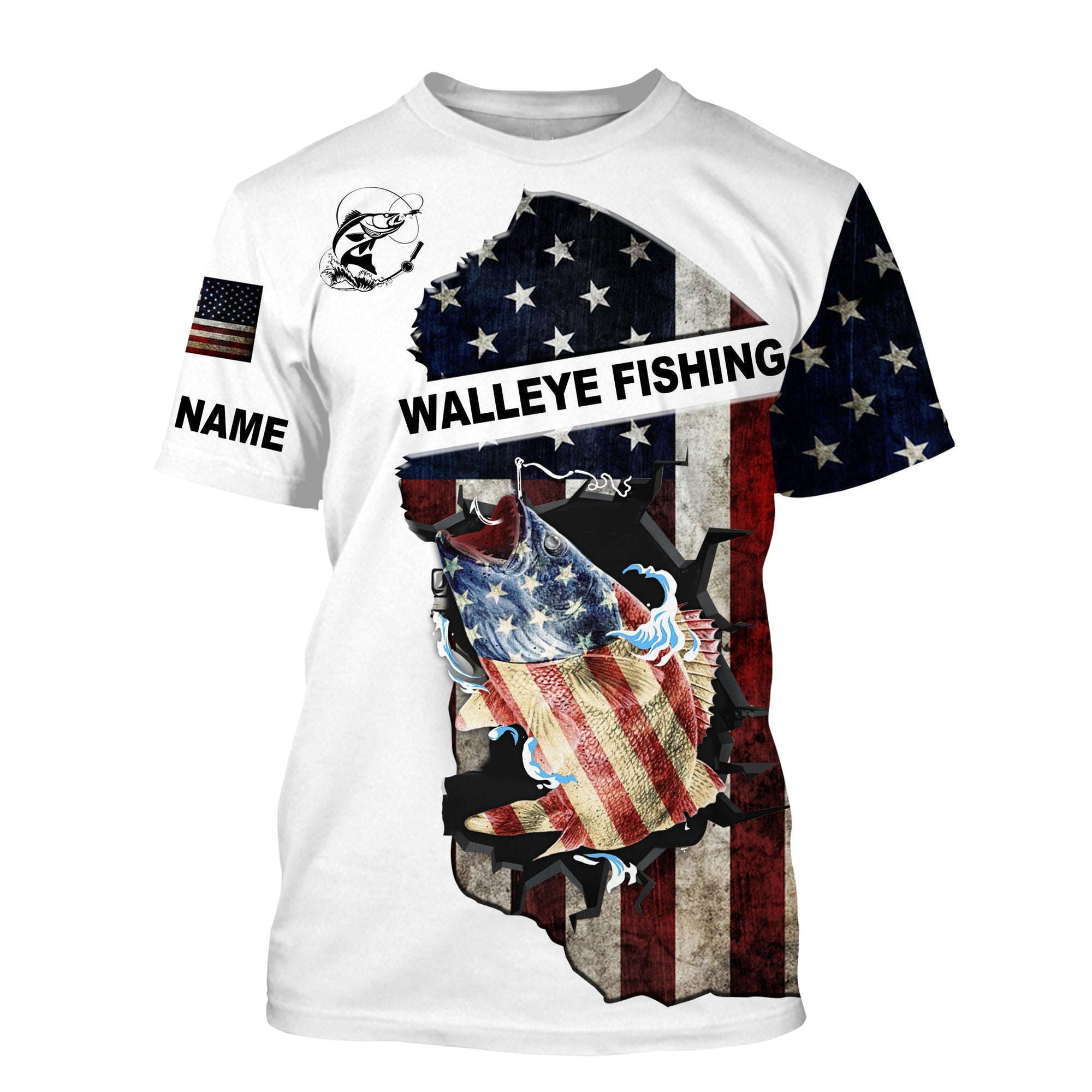 American flag Walleye fishing patriotic fishing Customize Name All-over Print Unisex fishing T-shirt Cornbee