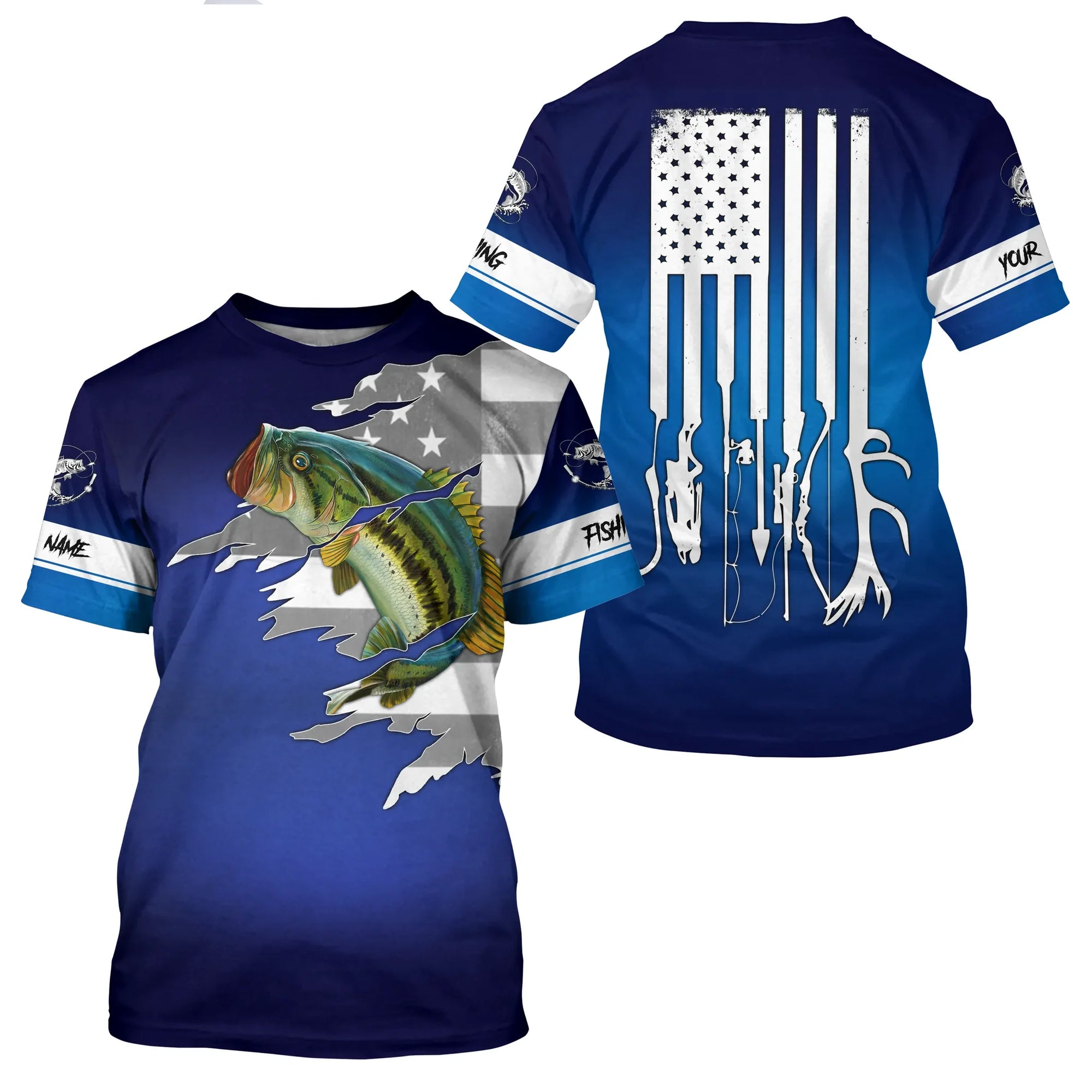 Largemouth Bass Fishing American flag patriotic blue color Custom Name 3D All Over Cornbee