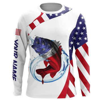 Largemouth bass fishing American flag patriotic Fishing Jerseys, Personalized Bass fishing Long sleeve  Cornbee