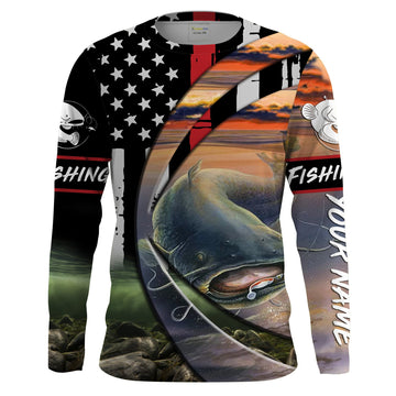 Catfish fishing American flag patriotic Fishing Customize Name UV protection UPF 30+ long sleeves fishing shirts Cornbee