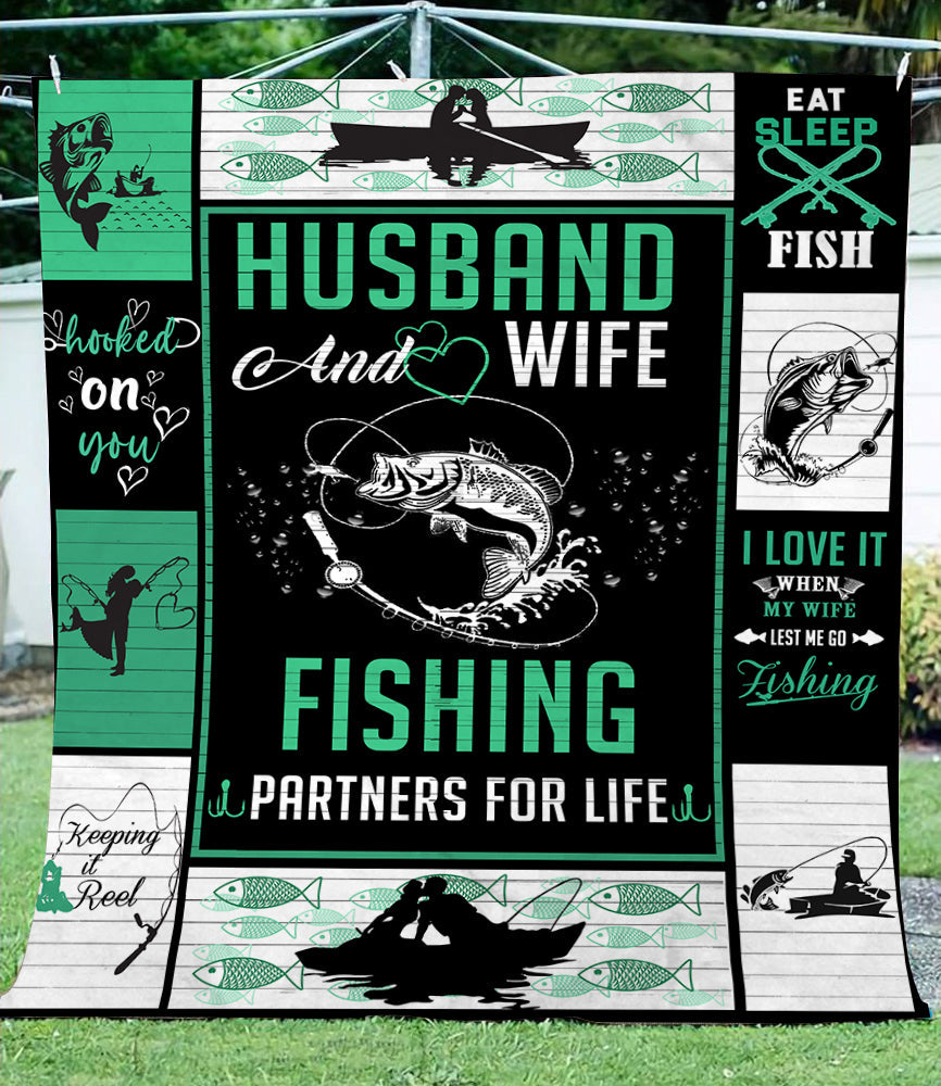 Husband and wife fishing partners for life Bass fishing fleece blanket Cornbee