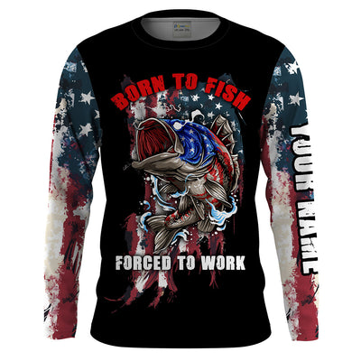 Mens Funny Fishing Shirt "Born to Fish - Forced to Work" US Flag Sun/UV Protection Long Sleeves Cornbee