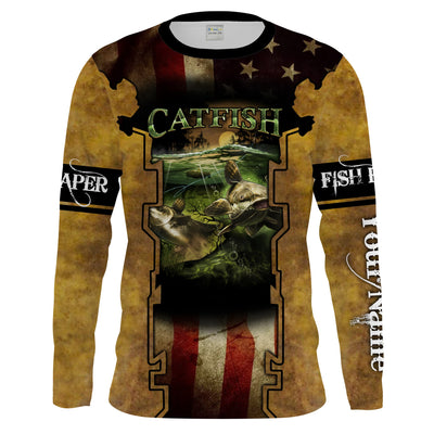 Mens Flathead Catfish Fishing American flag UV protection Long sleeves Shirt - Personalized Fishing Gifts Cornbee