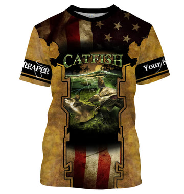 Mens Flathead Catfish Fishing American flag UV protection T-Shirt - Personalized Fishing Gifts Cornbee
