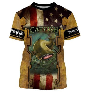 Flathead Catfish Fishing American flag Custom Name 3D All over printed UV protection Shirts Cornbee