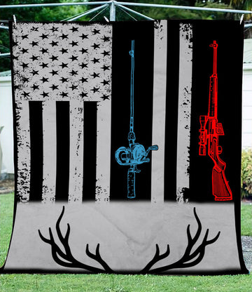 Fishing rod hunting rifle American flag Fleece blanket Hunting Fishing gift ideas Cornbee