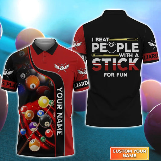 Custom Billiard Men Polo Shirt - I Beat People With A Stick For Fun Personalized Name Polo Shirt - Perfect Billiard Polo Shirt For Men, Billiard Lover Cornbee