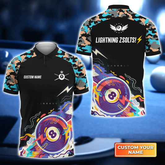 Custom Billiard Men Polo Shirt - LIGHTNING ZSOLTS! Pool 8 Ball Black Blue Watercolor Personalized Name Polo Shirt, Perfect Billiard Polo Shirt For Men Cornbee